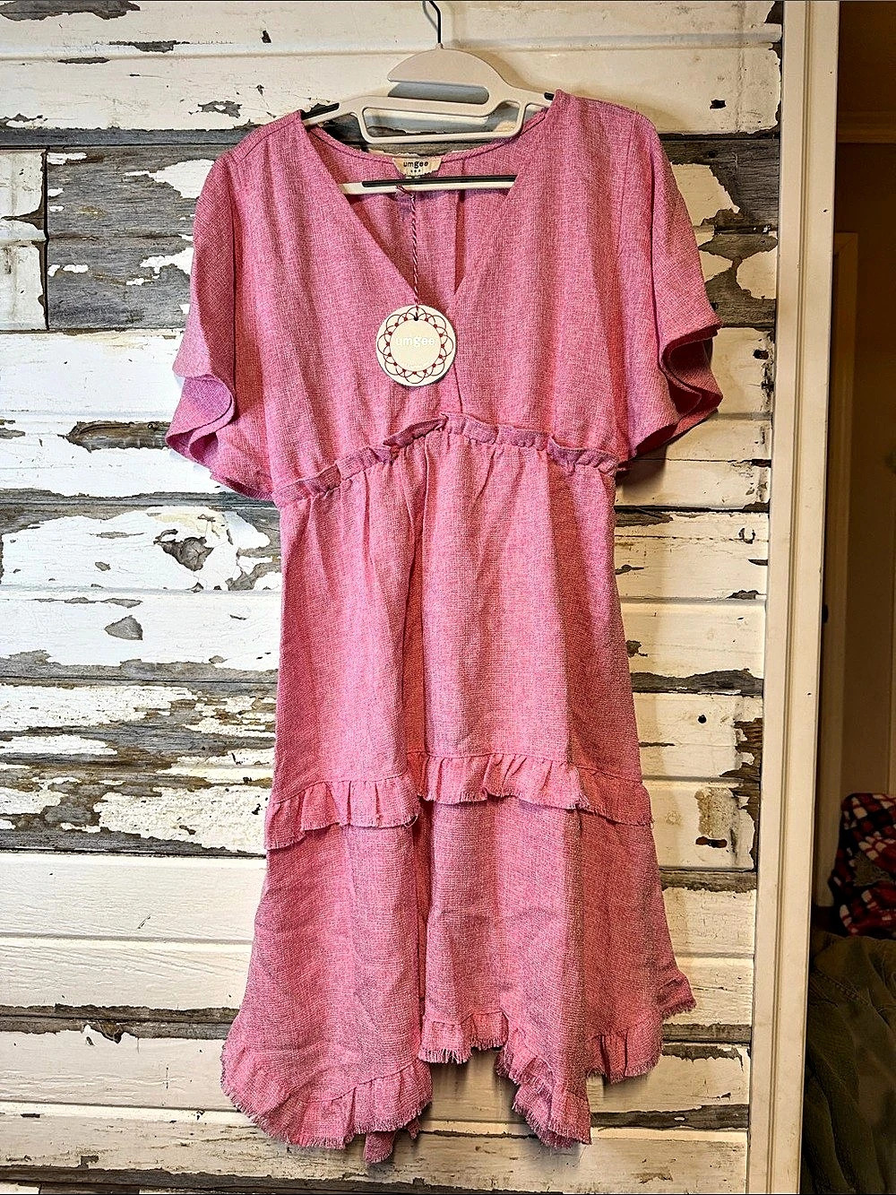 Umgee Tiered Ruffle Dress in Pink Size Medium NWT (017